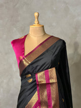 Black and magenta semi kanchipuram soft silk saree - PSSN215