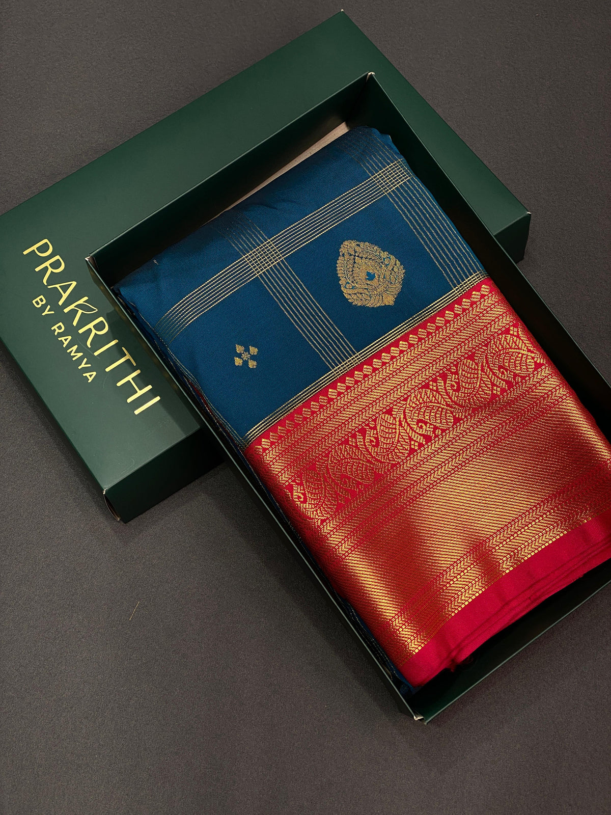 Peacock blue and red silk saree- PSS064B