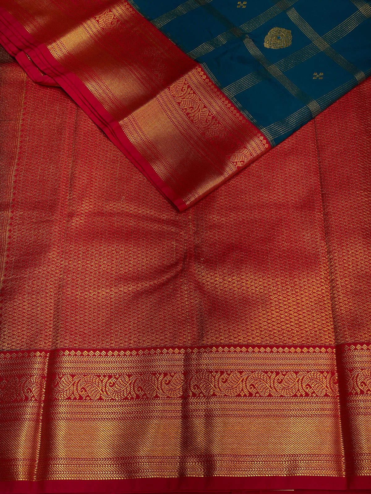 Peacock blue and red silk saree- PSS064B