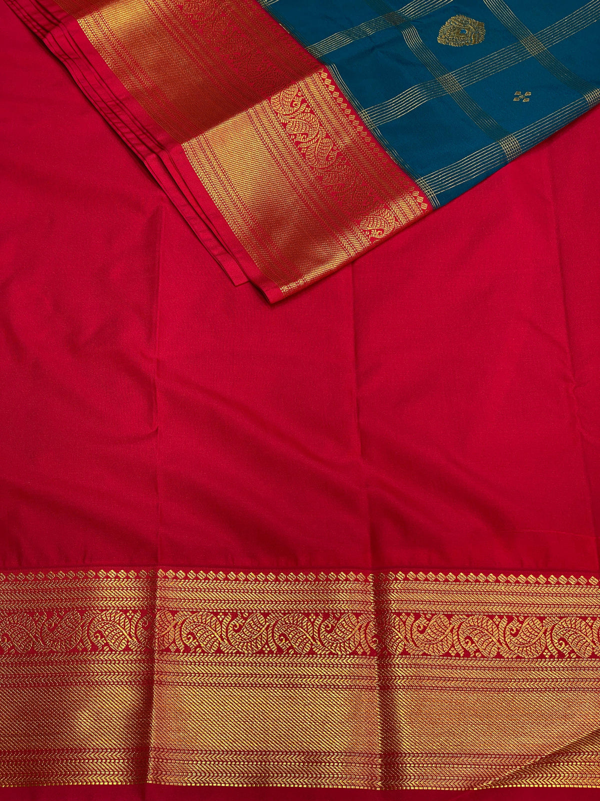 Peacock blue and red silk saree- PSS064B
