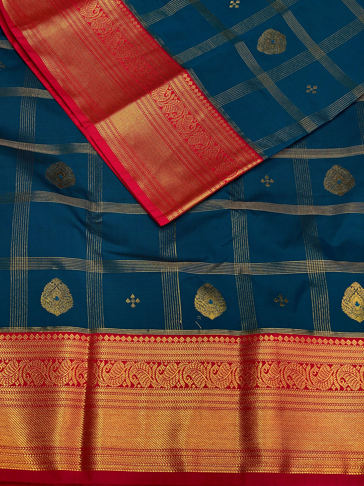 Peacock blue and red silk saree- PSS064B