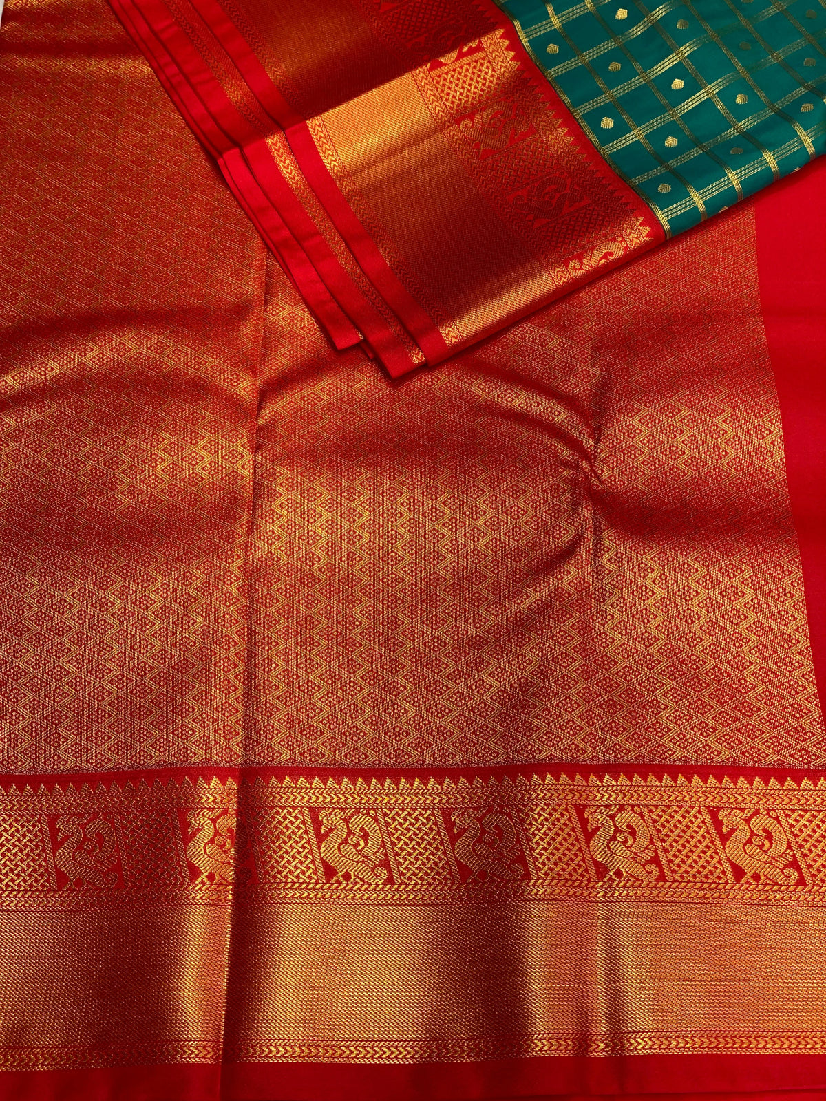 Peacock green and Red silk saree- PSSC3
