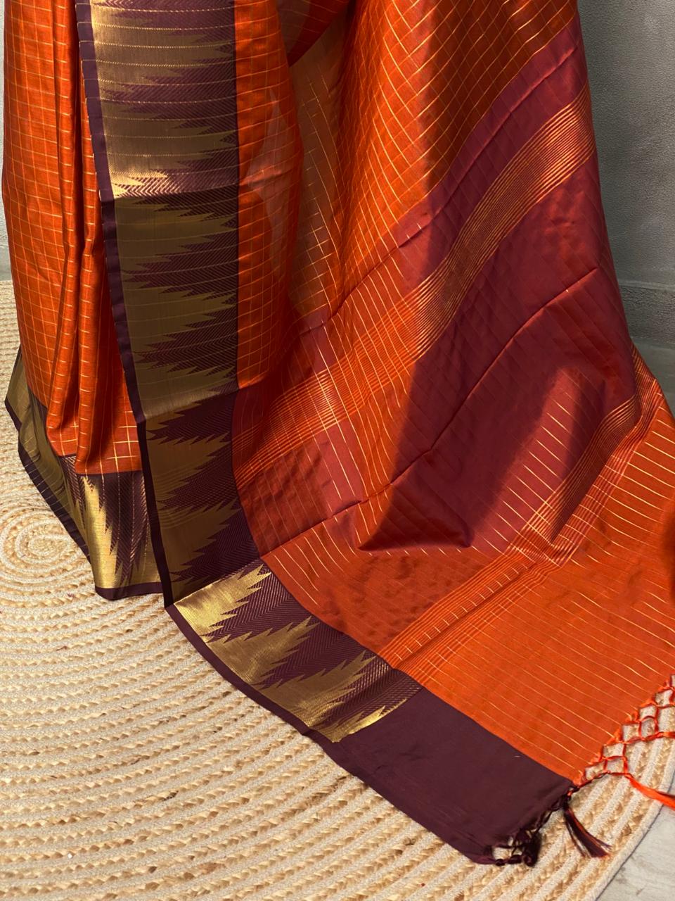 Rust Orange and brown semi Banarasi saree -MPS15