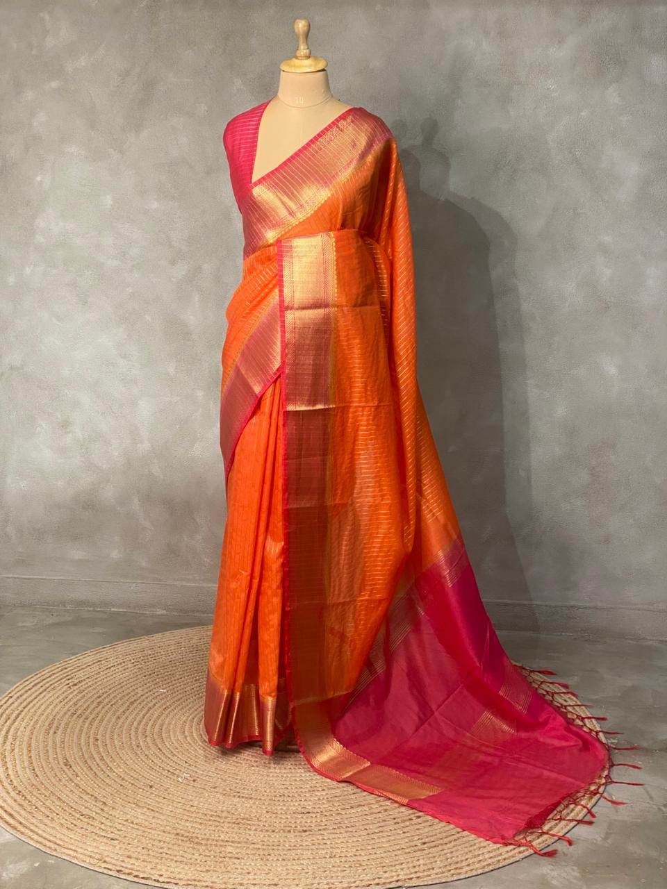 Orange and Magenta semi Banarasi saree -MPS16
