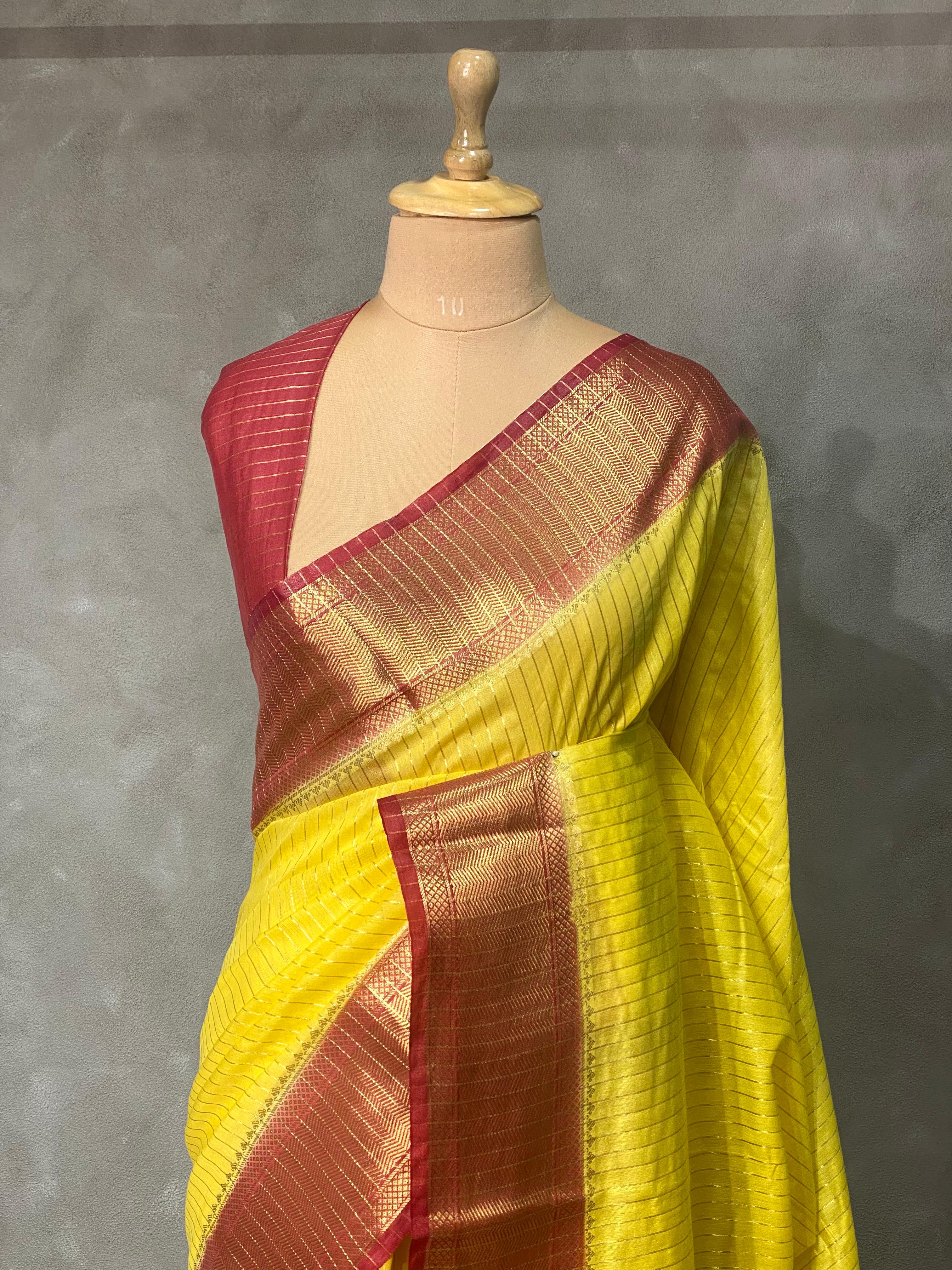 Yellow and Maroon semi Banarasi saree -MPS17