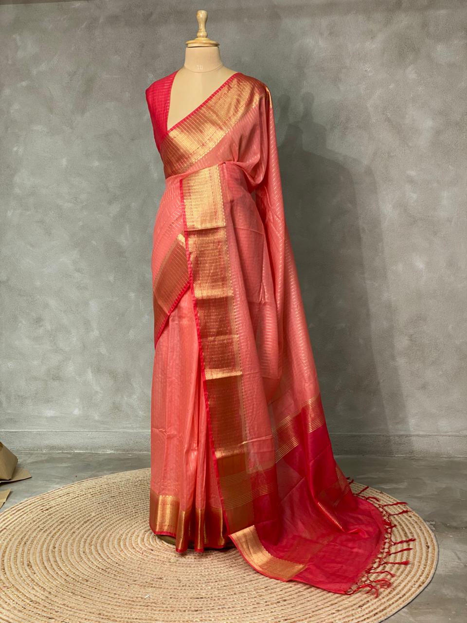 Peach and reddish magenta semi Banarasi saree -MPS19