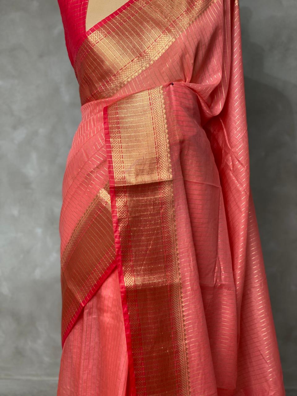 Peach and reddish magenta semi Banarasi saree -MPS19