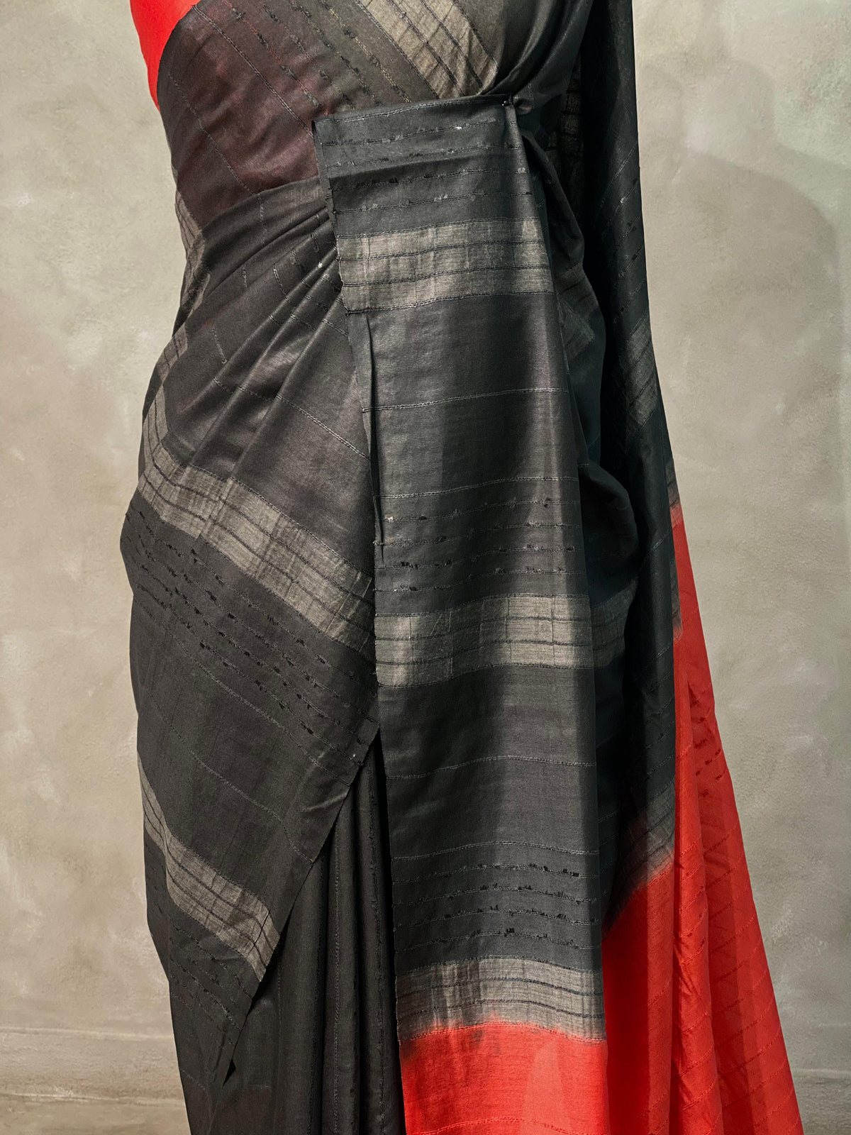 Black and Red Tusser silk saree -SOT5