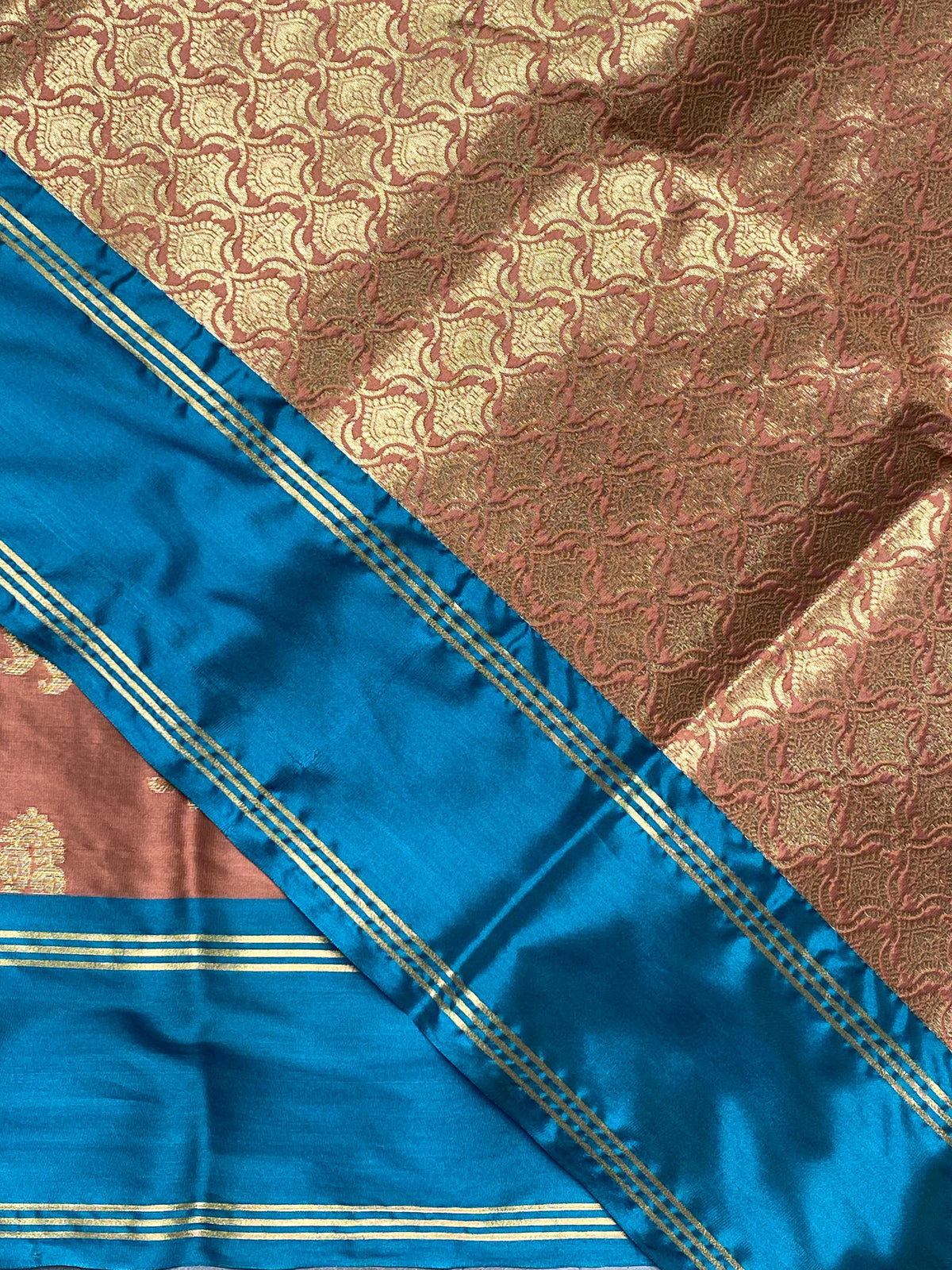Rusty brown and peacock blue Gajji silk saree -PIH25F