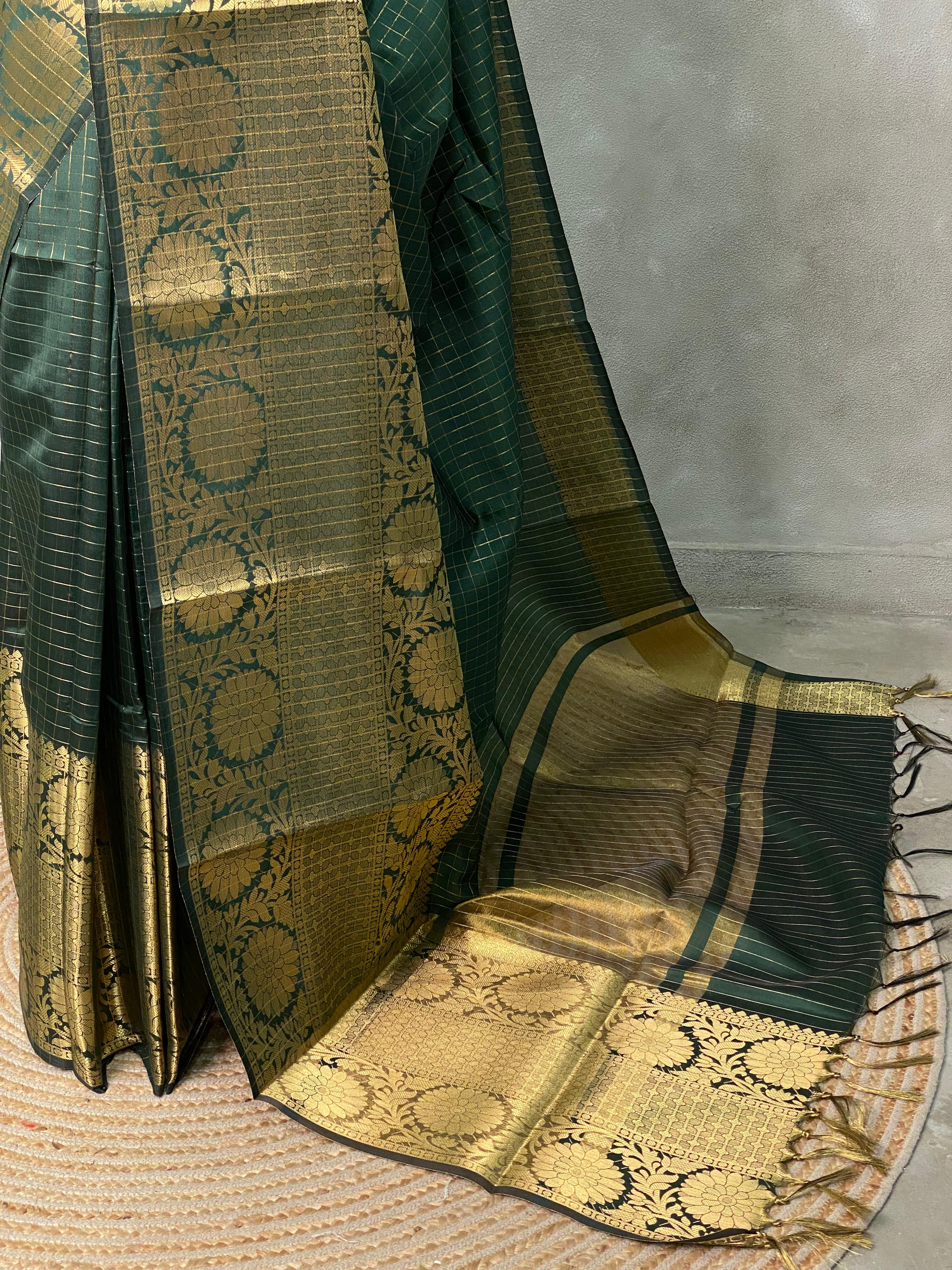Bottle Green Semi Banarasi saree - LZ9