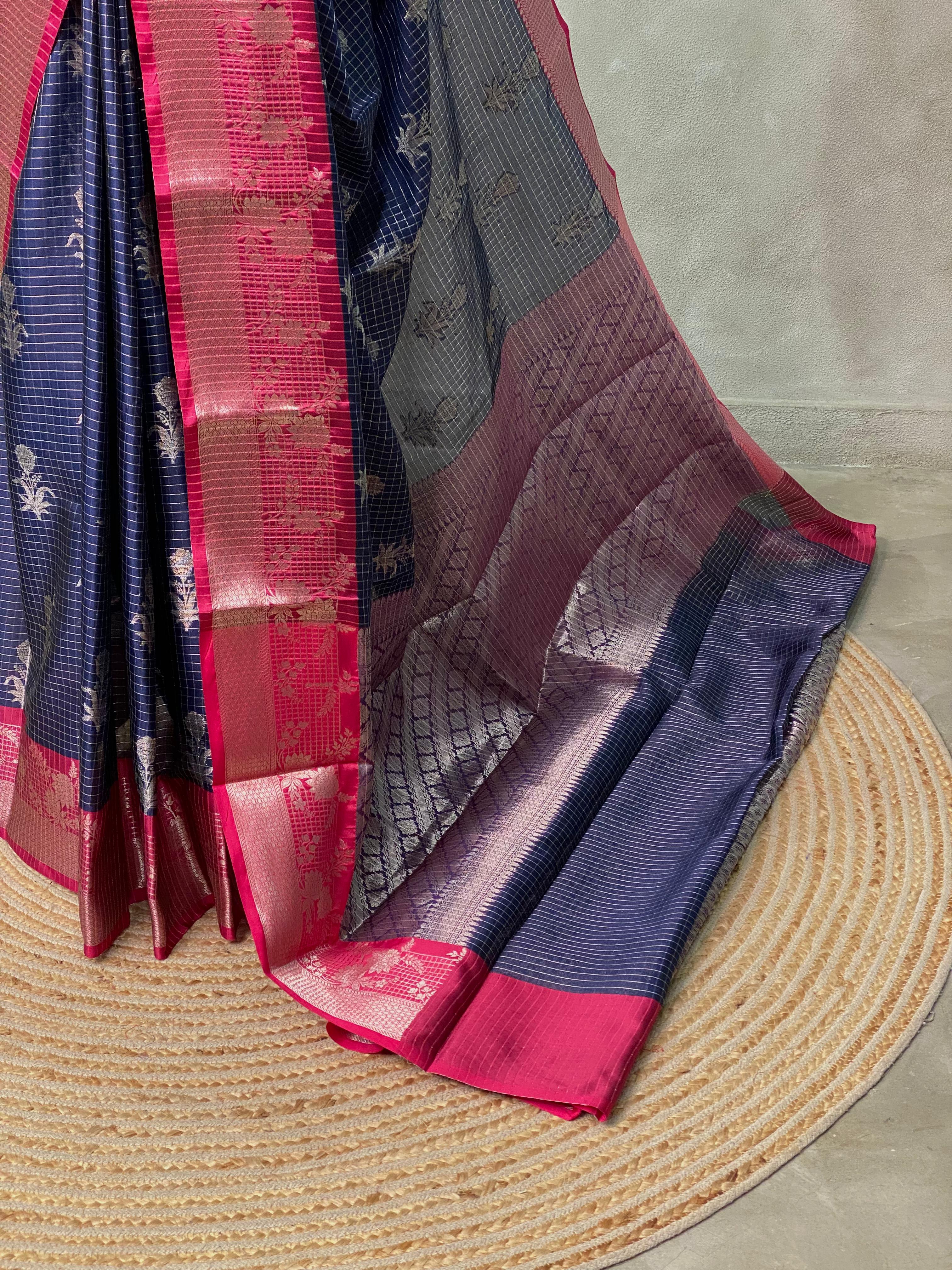 Navy Blue and Magenta silk saree -PIH29