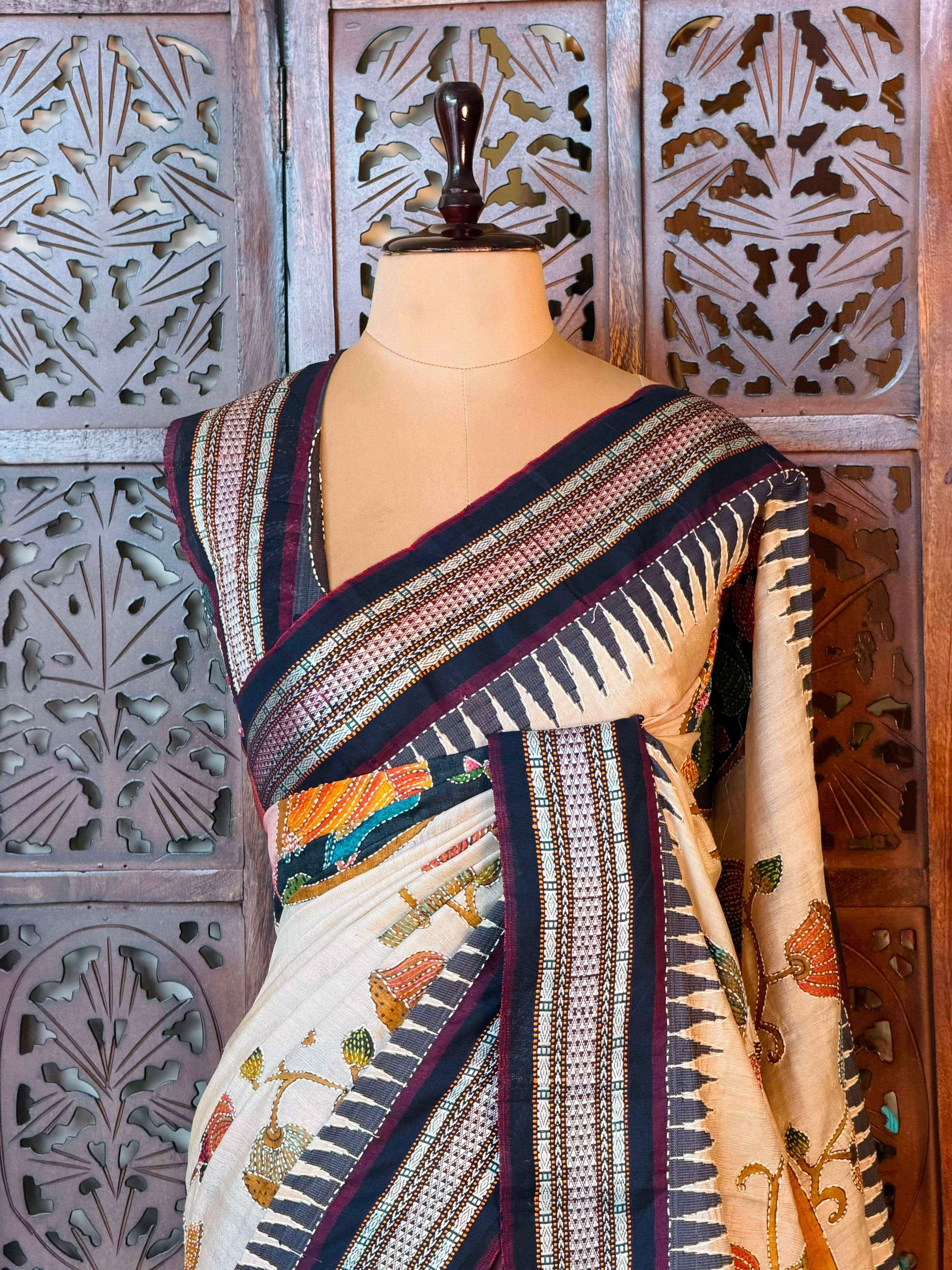Pure tusser silk with pichwai and hand kantha work -PBRT1A