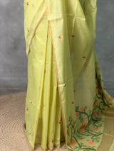 Lime Green Chanderi silk cotton Jamdani woven saree- PBRJ6