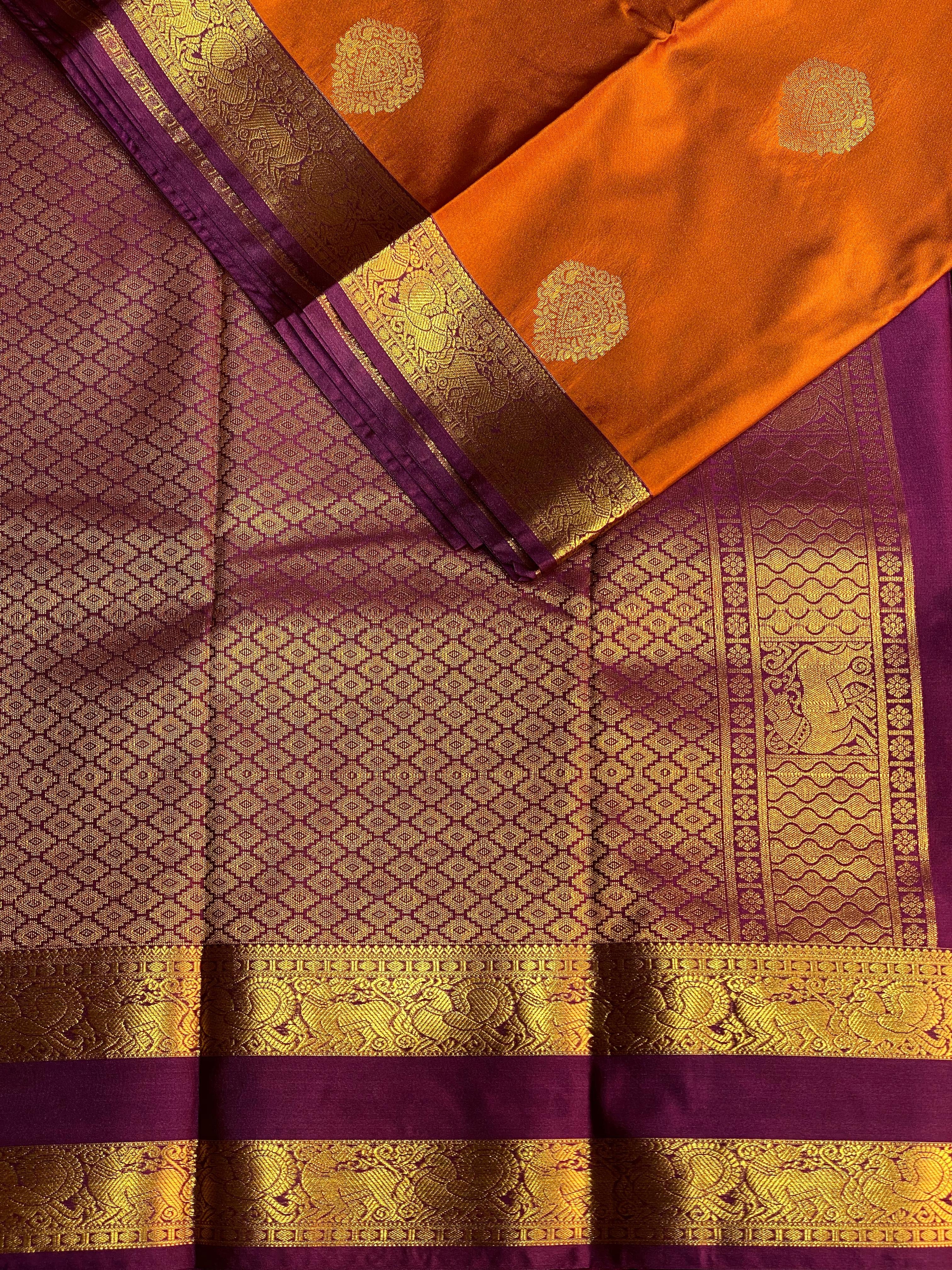 Mustard Yellow and Purple kanchipuram silk saree- PSSR204
