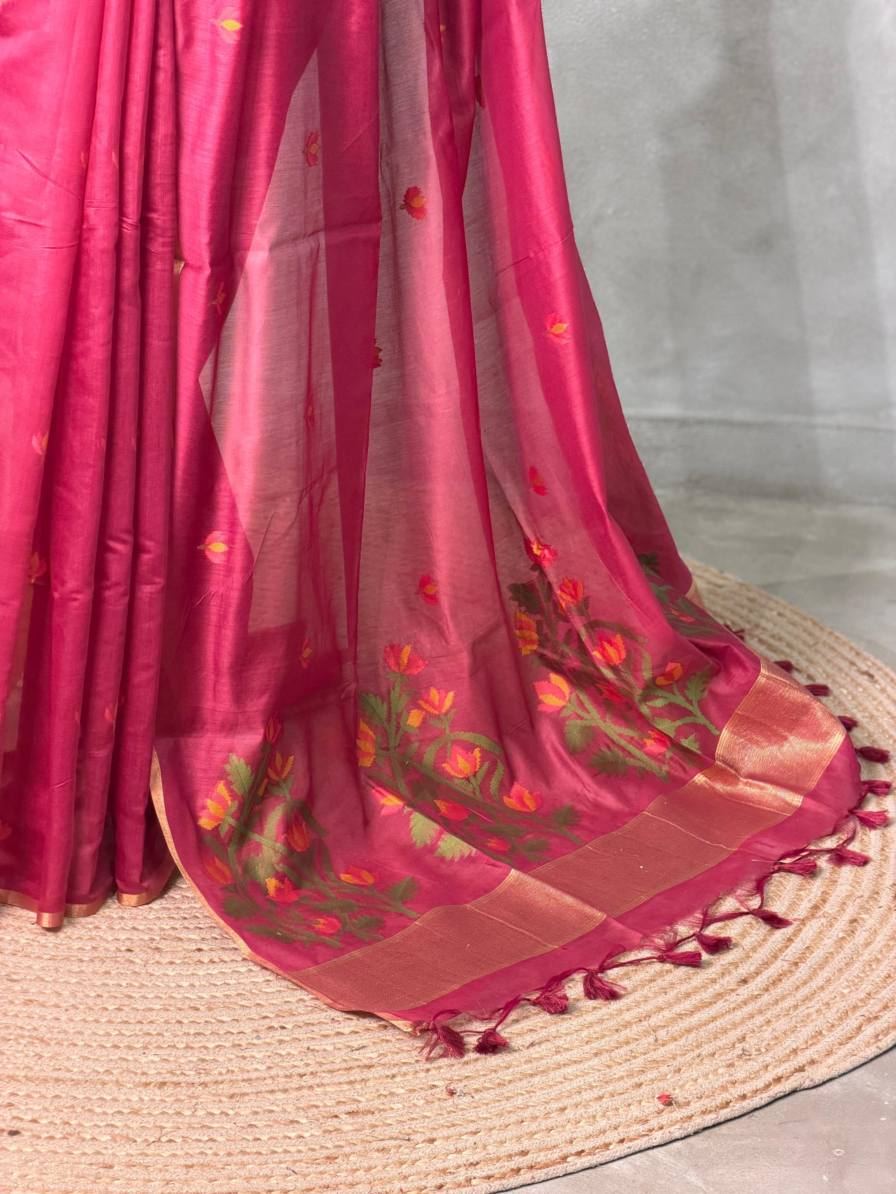 Maroon Chanderi silk cotton Jamdani woven saree- PBRJ8