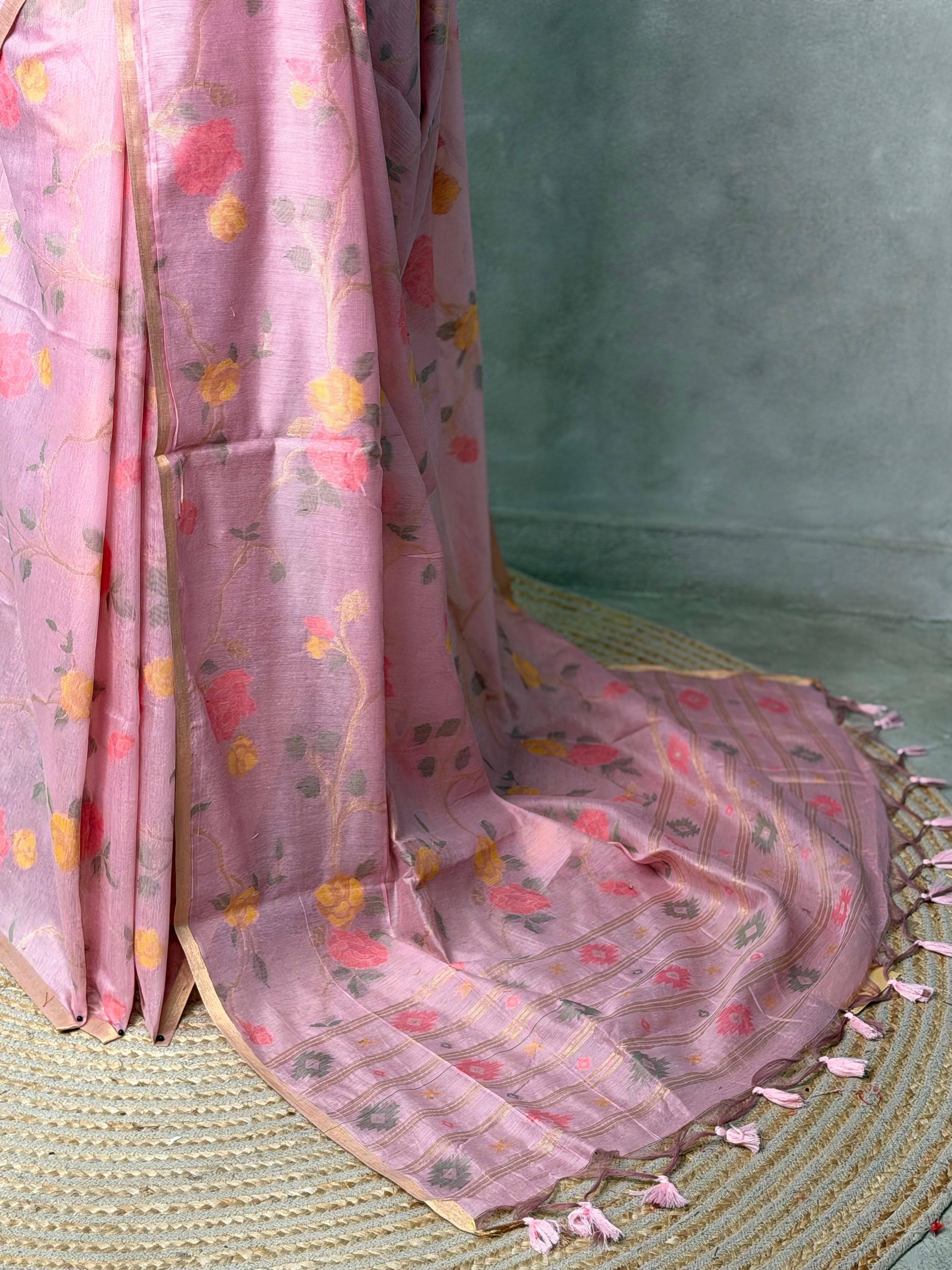 Onion Pink Chanderi silk cotton Jamdani woven saree- PBRJ37