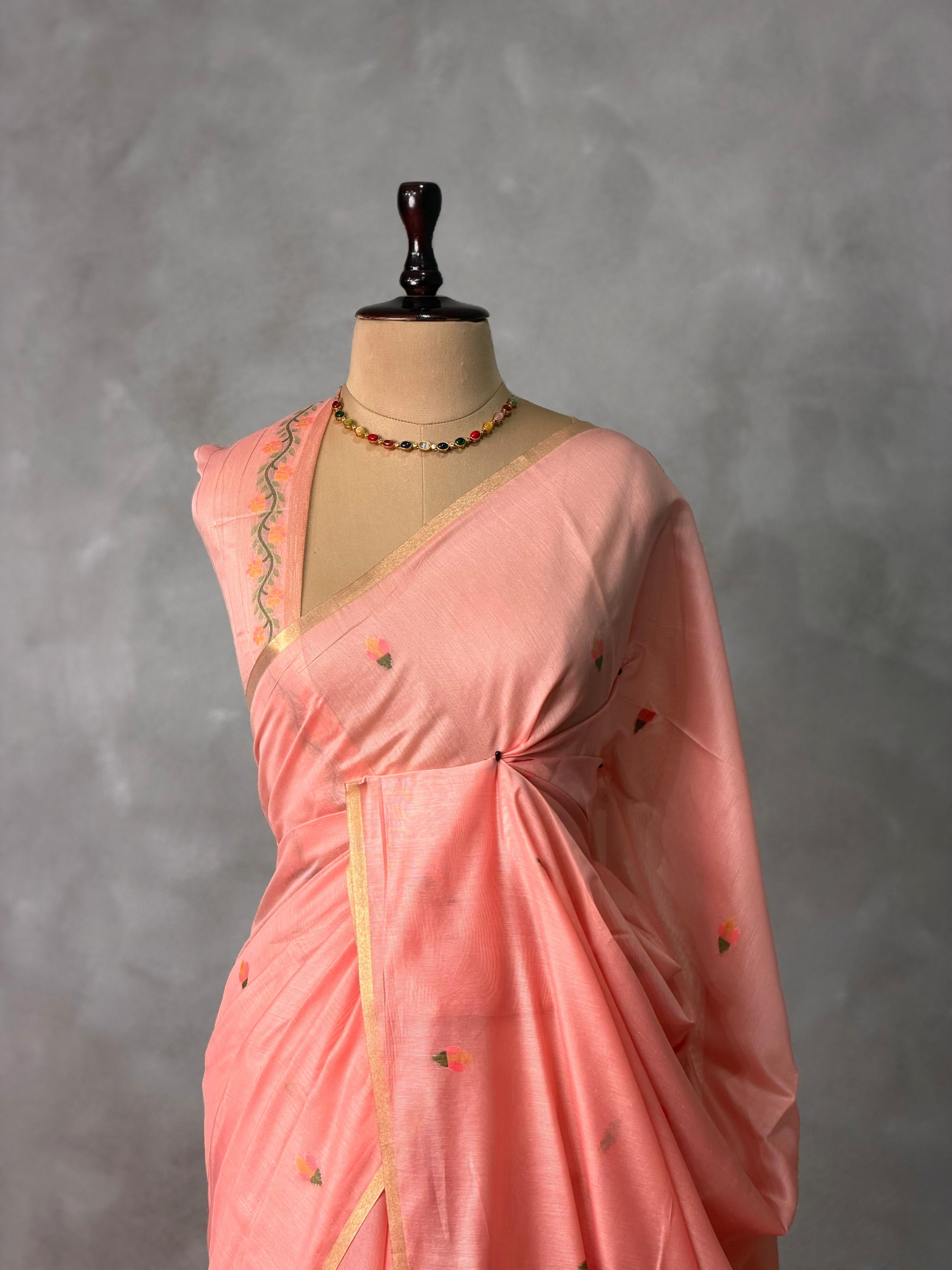 Peach Chanderi silk cotton Jamdani woven saree- PBRJ4