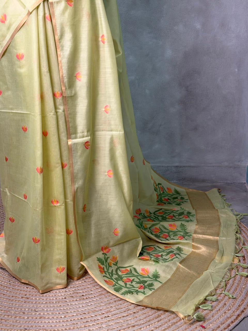 Pastal Green Chanderi silk cotton Jamdani woven saree- PBRJ16