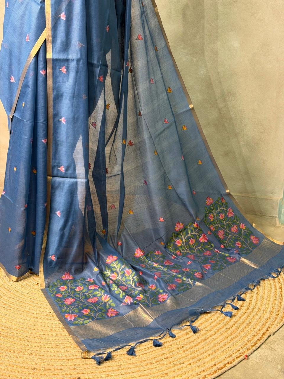 Blue Chanderi silk cotton Jamdani woven saree- PBRJ23