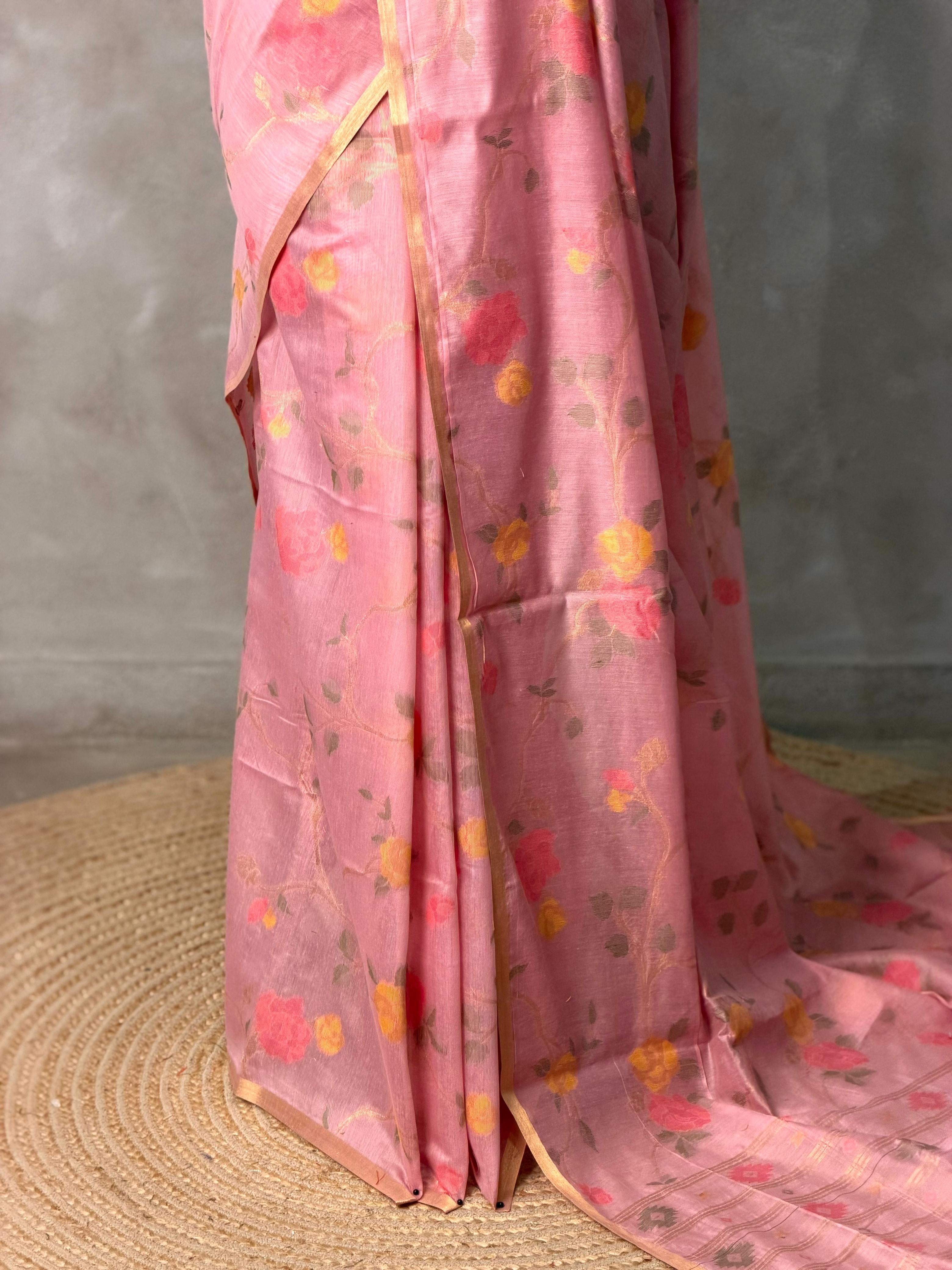 Onion Pink Chanderi silk cotton Jamdani woven saree- PBRJ37