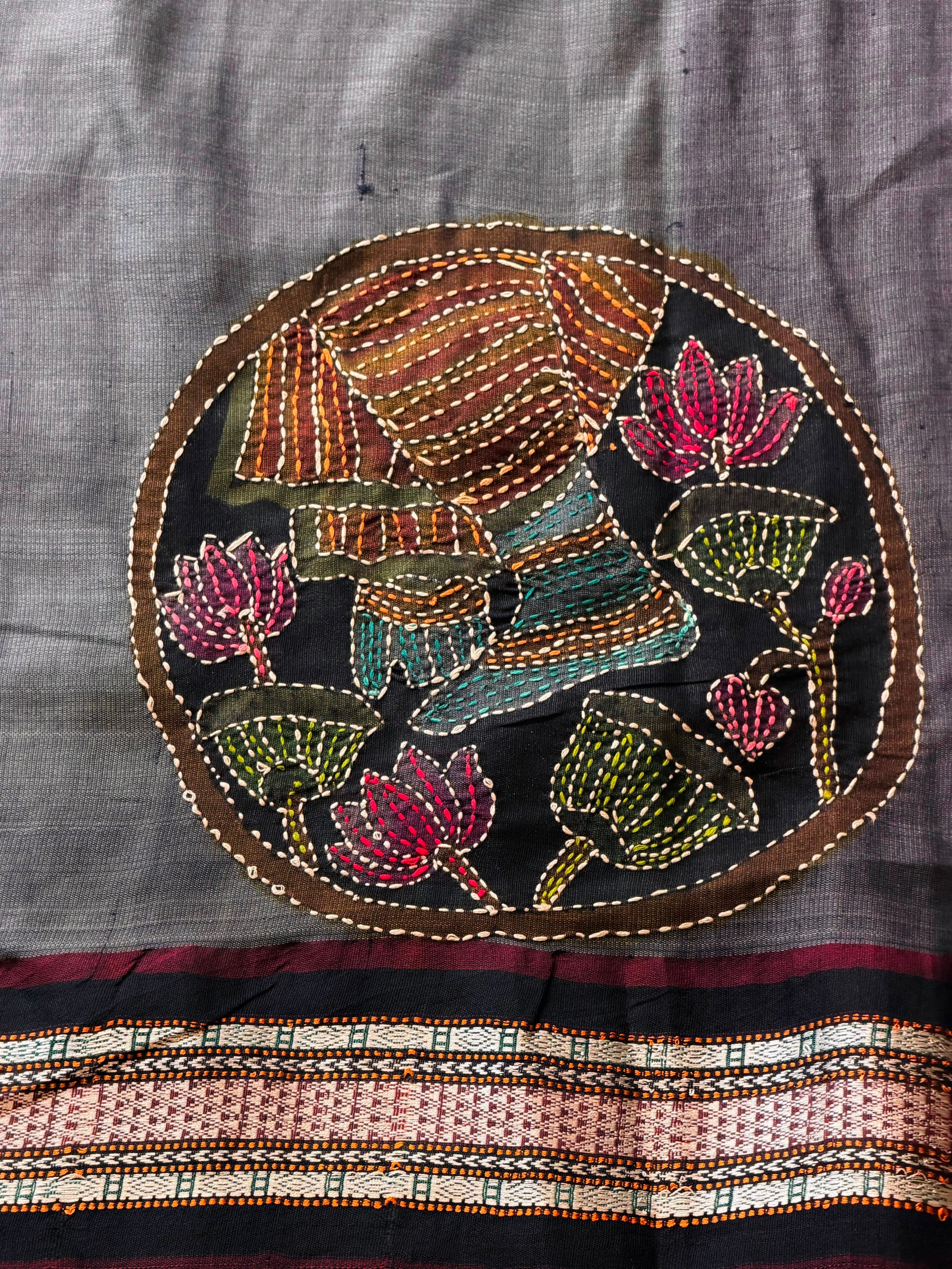Pure tusser silk with pichwai and hand kantha work -PBRT1A