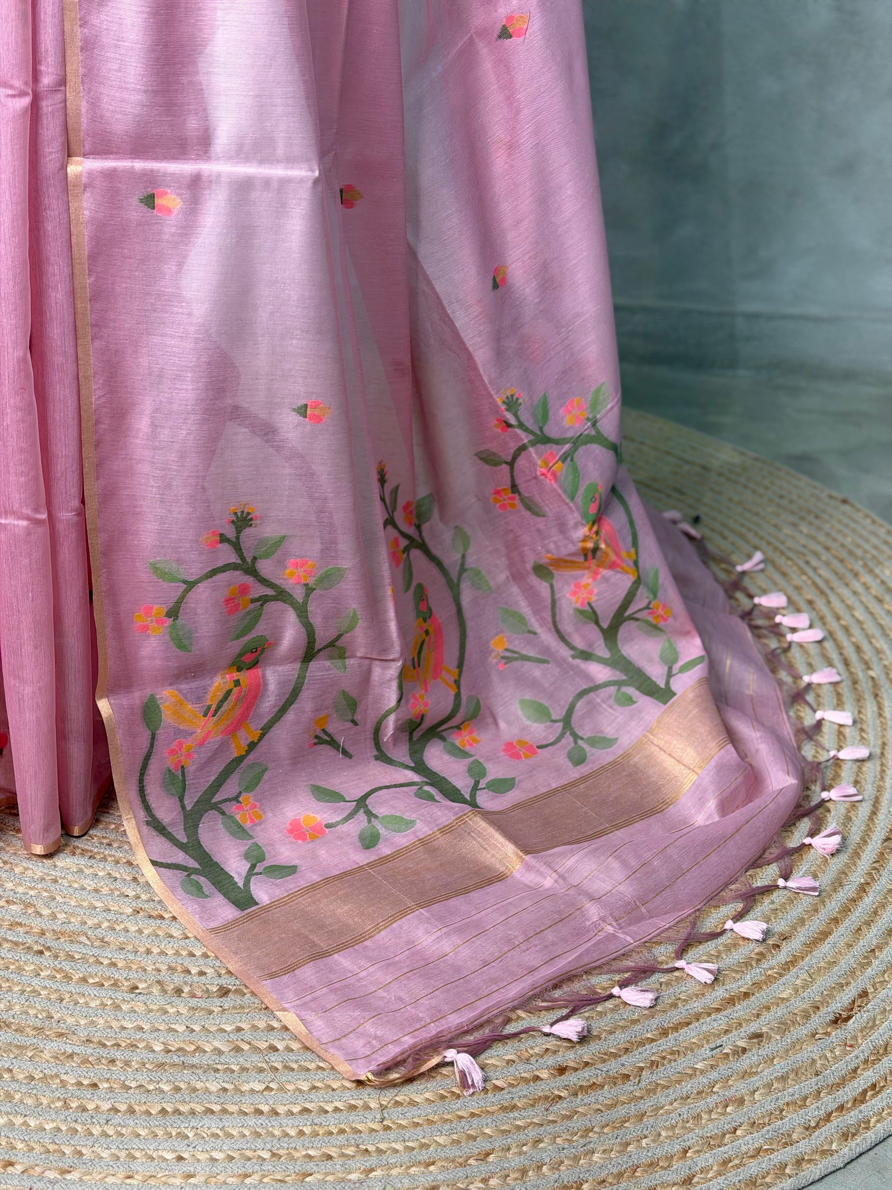 Pink Chanderi silk cotton Saree Jamdani woven - PBRJ1