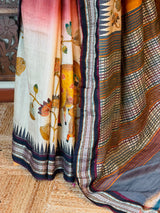 Pure tusser silk with pichwai and hand kantha work -PBRT1A