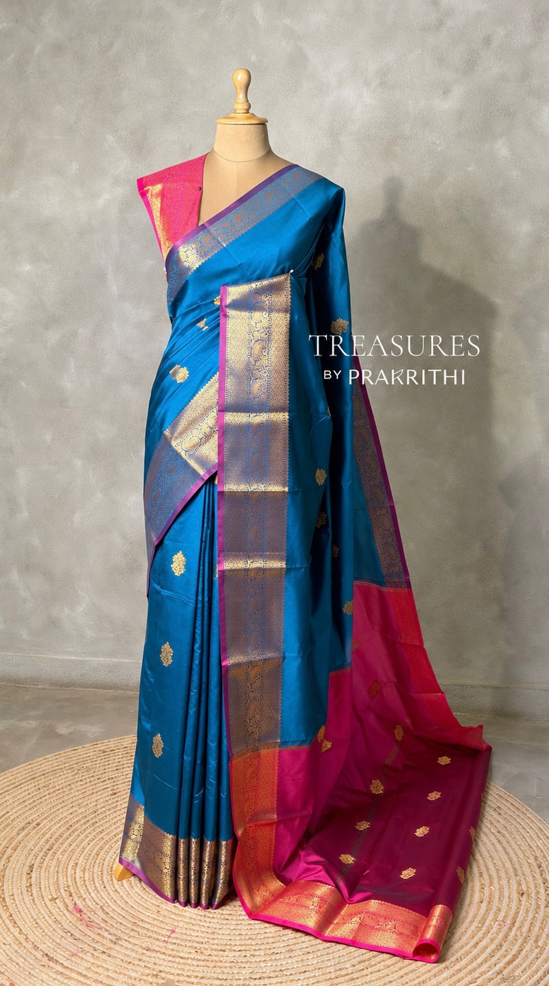 Teal blue and Magenta semi kanchipuram soft silk saree - PSSN220