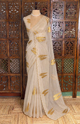 Pale white and gold organza silk saree- PBRRB1C