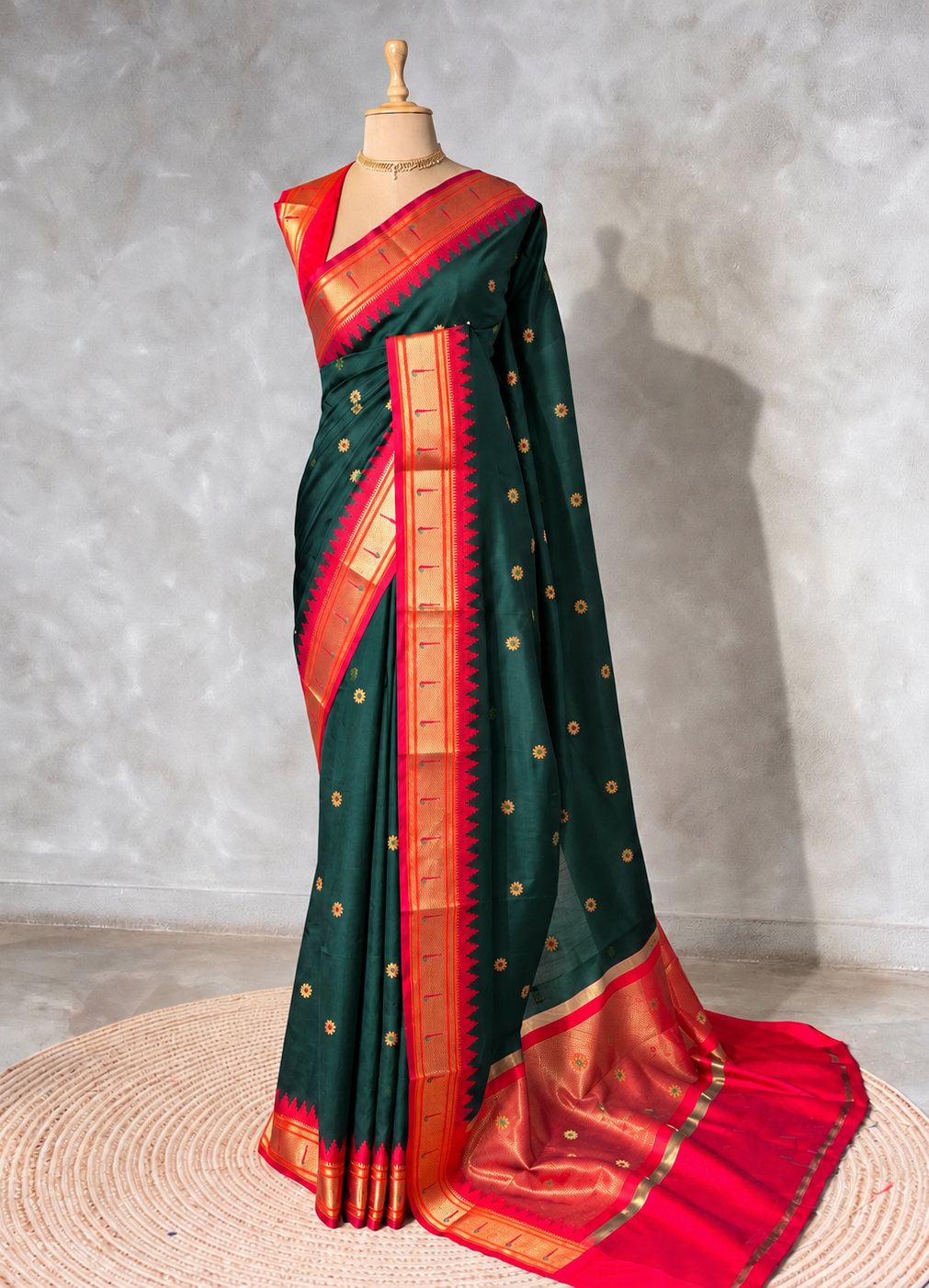 Dark Green and Red Silk saree - PBRZU13A