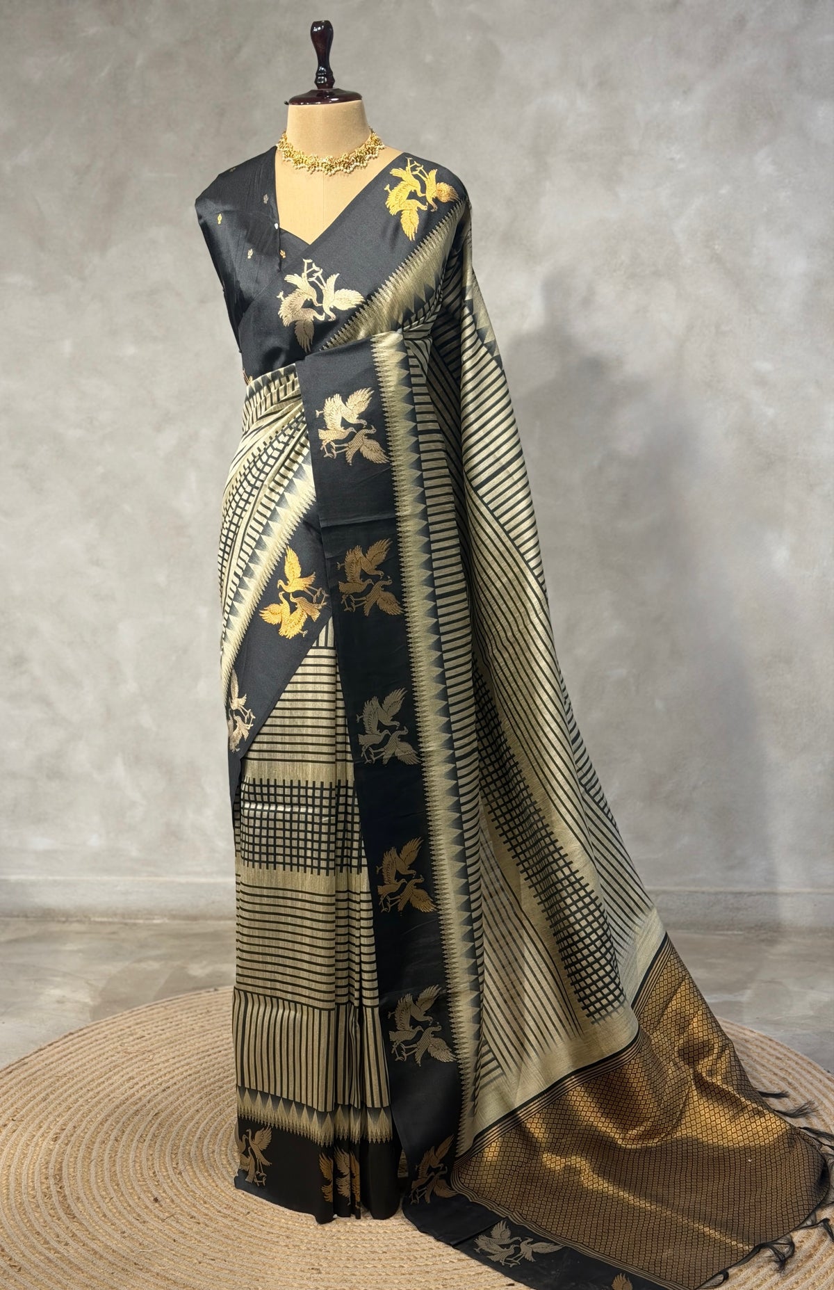 Off white and black tusser silk saree - PBRSS1D