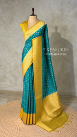 Aqua blue and lime yellow Dola silk saree- PBRSB2G
