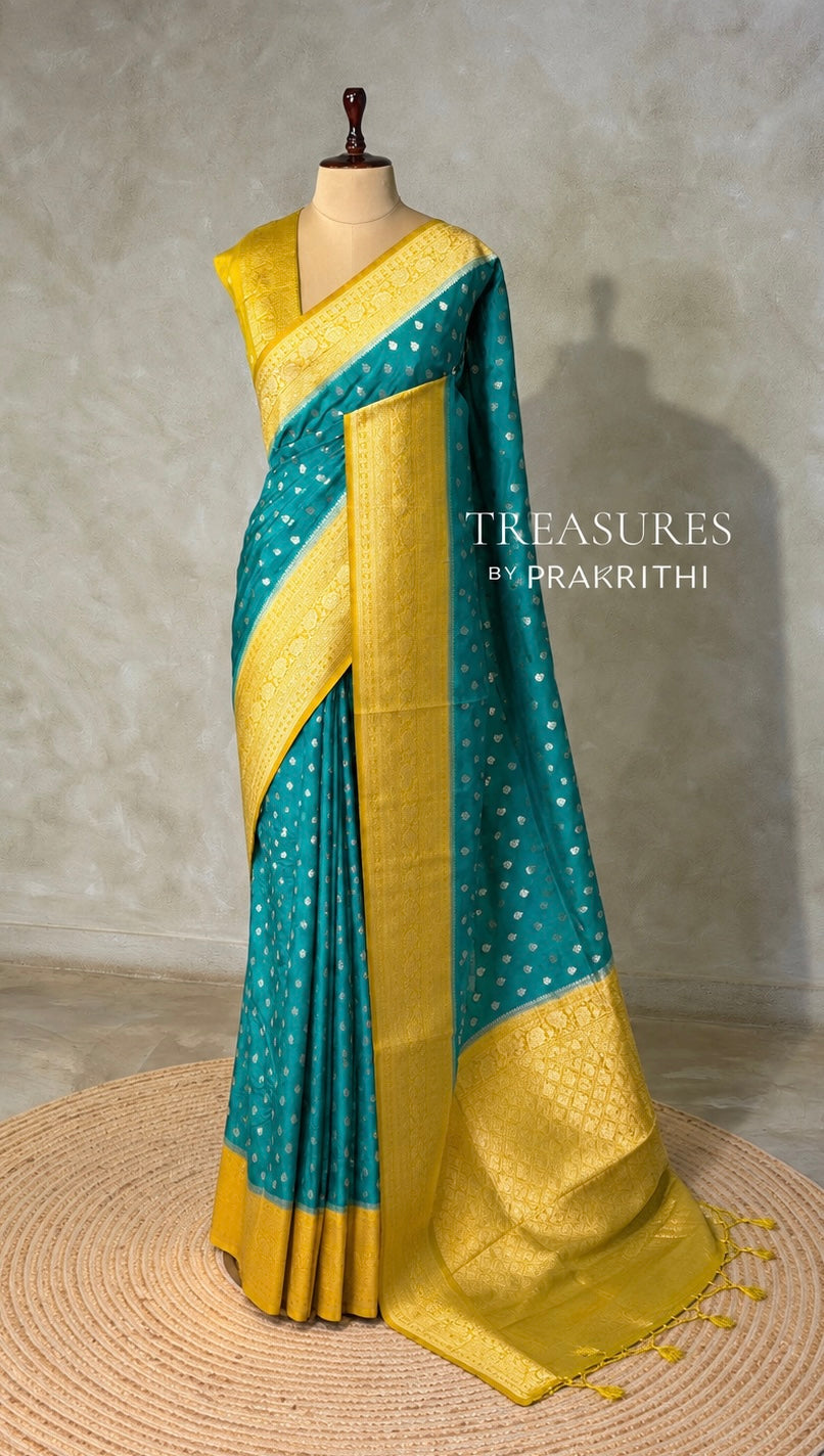 Aqua blue and lime yellow Dola silk saree- PBRSB2G