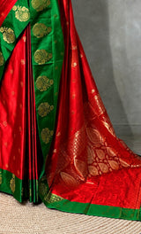 Red and green satin Banarasi silk saree - PRAZ6D