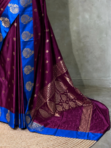 Deep wine and Blue satin Banarasi silk saree - PRAZ6C