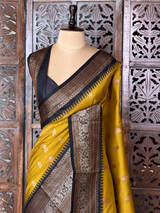Mustard Yellow and black Silk saree - PBRZU12B