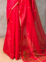 Maroon Red Chanderi silk cotton Jamdani woven saree- PBRJ13