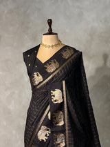 Black Chanderi silk cotton Saree - PBRFA2
