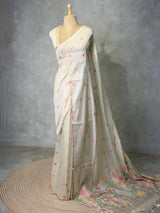 Nude White Chanderi silk cotton Jamdani woven saree- PBRJ38B