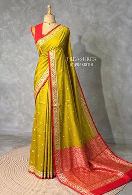 Olive green and Red Silk saree - PBRZU14B