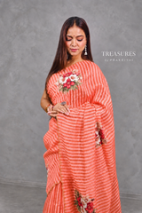 Coral Peach Pure Kora tissue Saree- PBRARSH1A