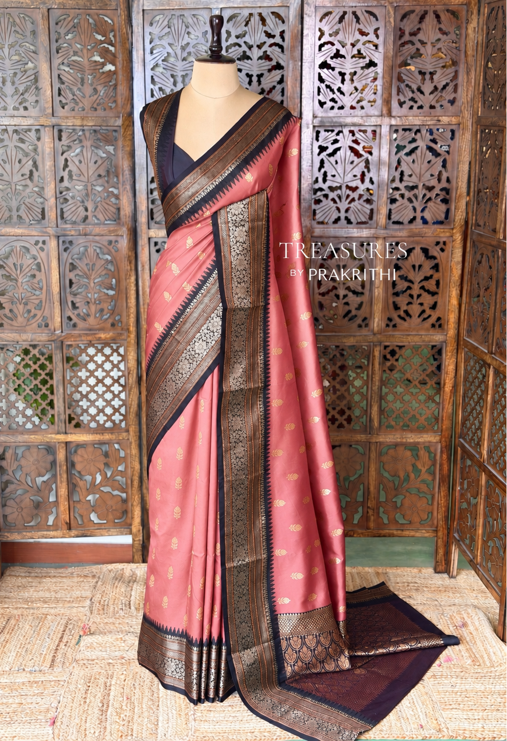 Peach and black Silk saree - PBRZU12A