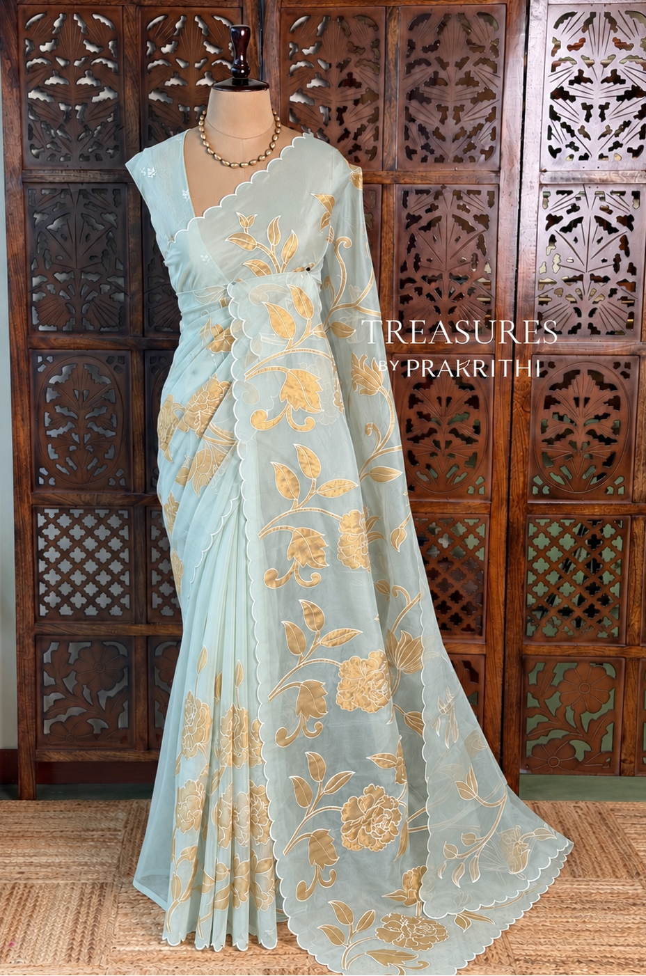 Pastal blue and gold  organza silk saree- PBR43G1