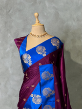 Deep wine and Blue satin Banarasi silk saree - PRAZ6C