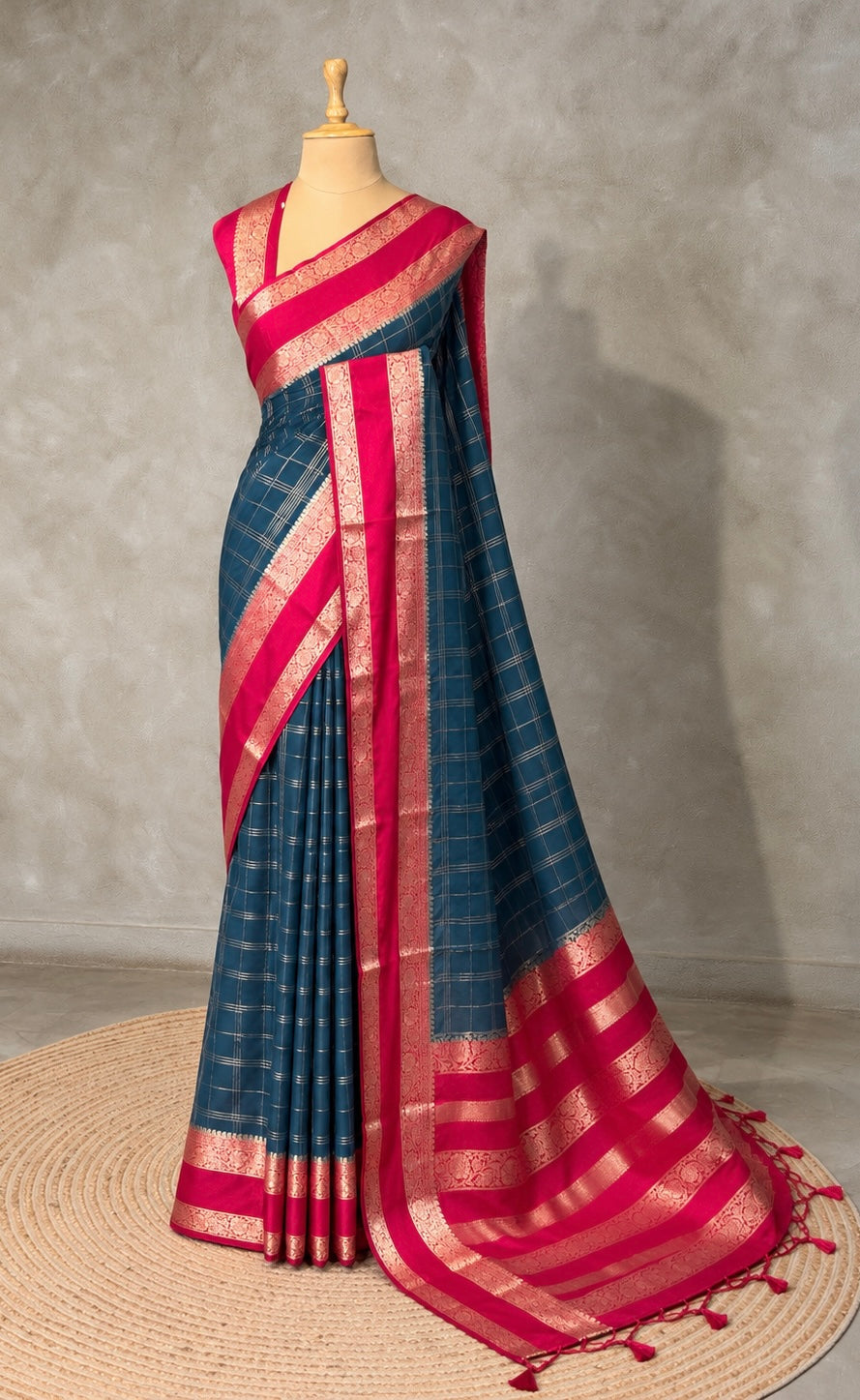 Teal Blue and Dark Pink Crepe silk saree- PBRSB3A