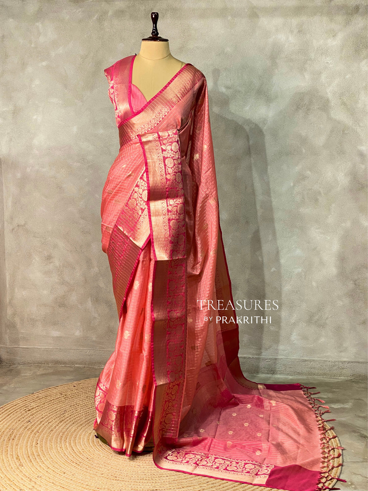 Peach and pink semi Banarasi silk saree -MPS45