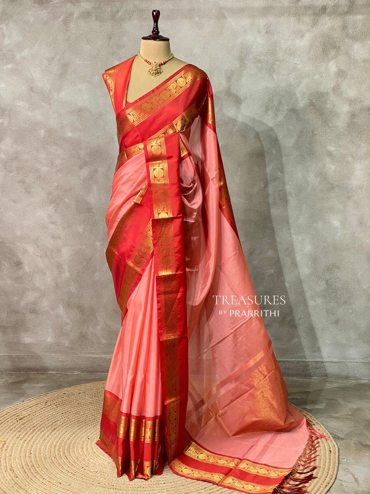 Peach and Red semi Banarasi silk saree -PIH43