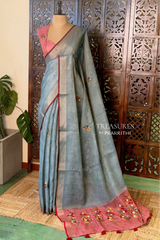 Greyish Blue and Peach Linen tissue saree: PBR53A