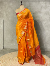 mustard yellow and red semi tusser saree- PST001D