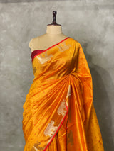 mustard yellow and red semi tusser saree- PST001D